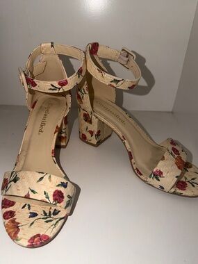 Classified Cream Floral Block Heel Sandals with Ankle Strap
